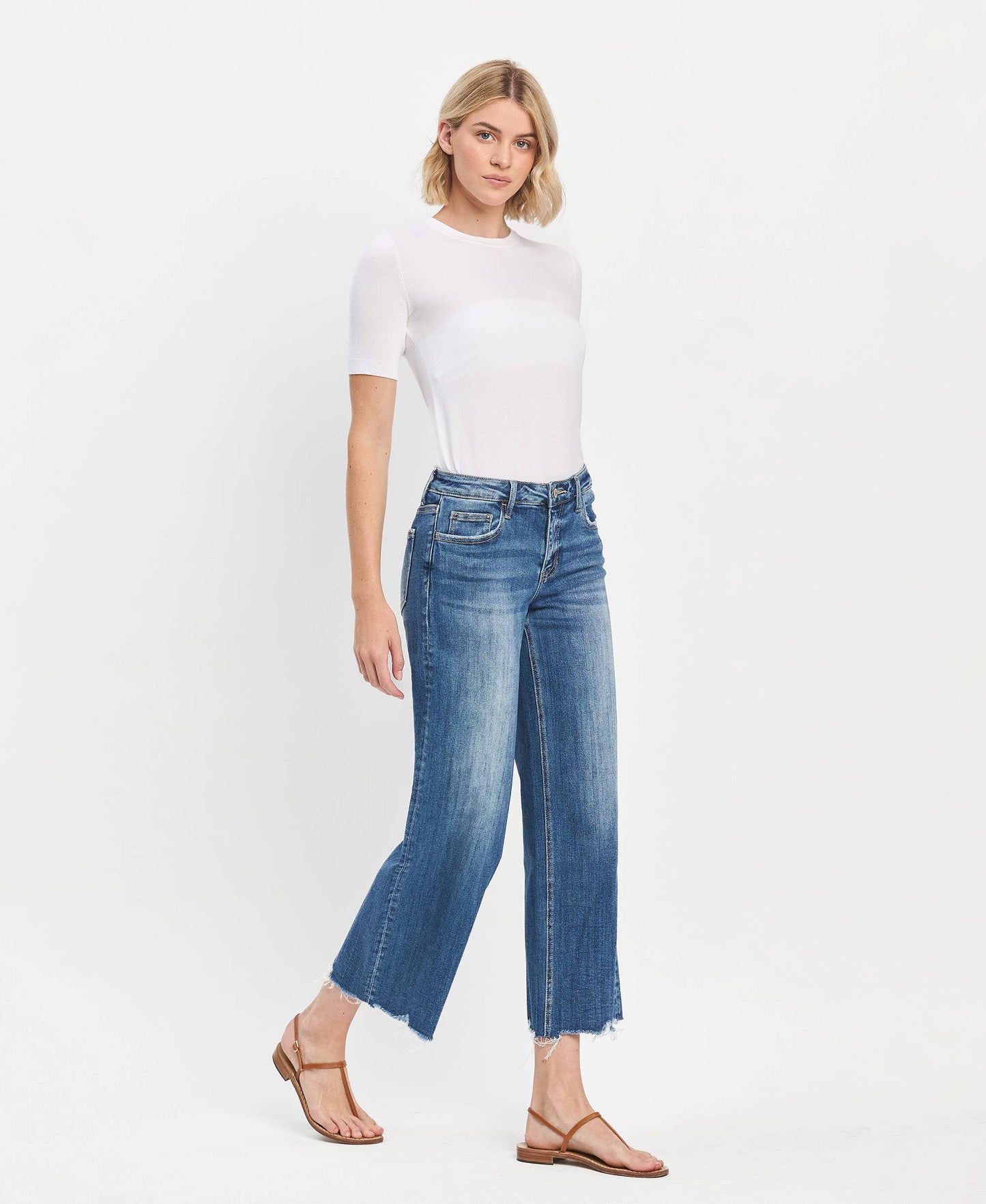 Mid Rise Medium Dark Wash Raw Hem Wide Jeans