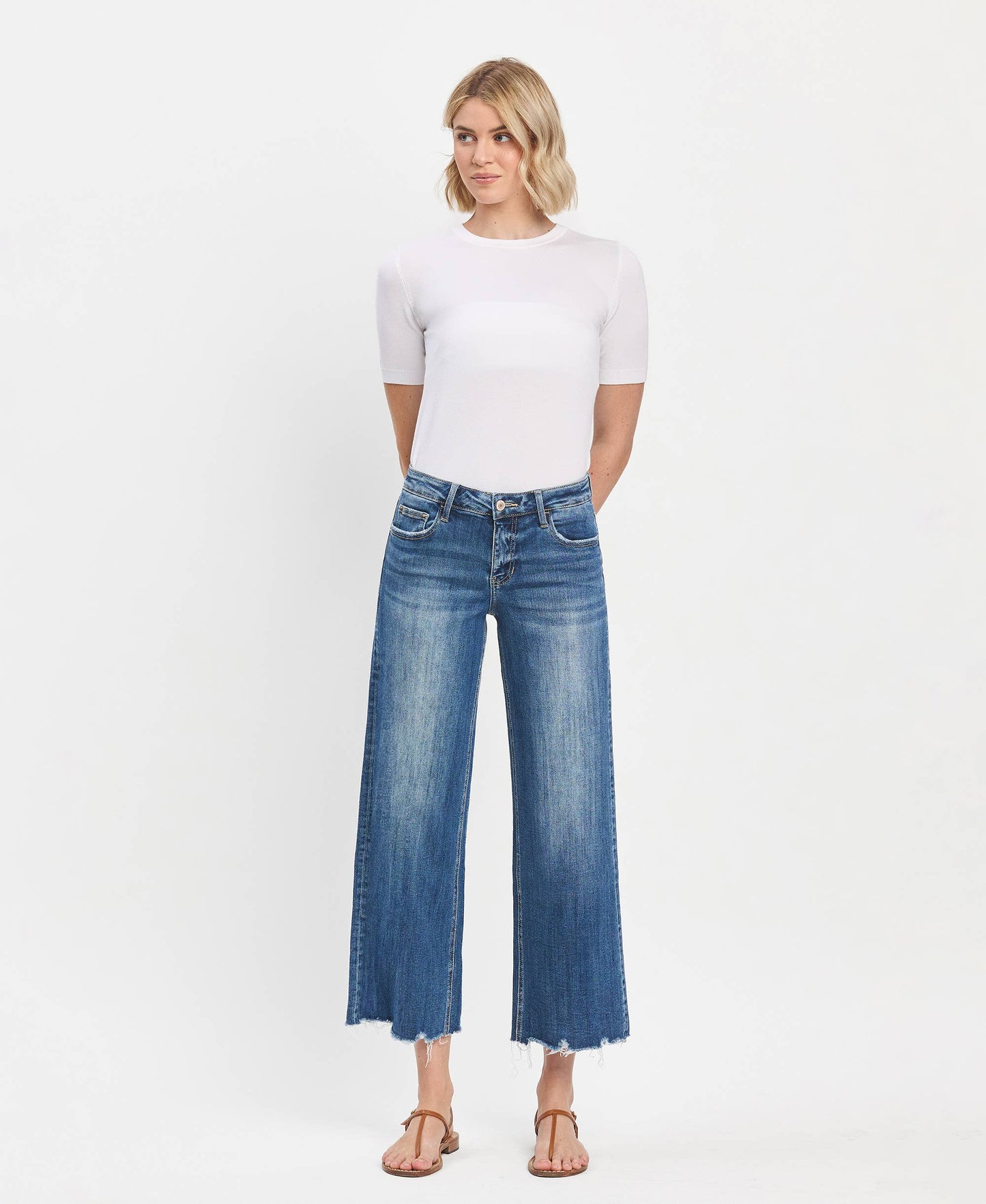 Mid Rise Medium Dark Wash Raw Hem Wide Jeans