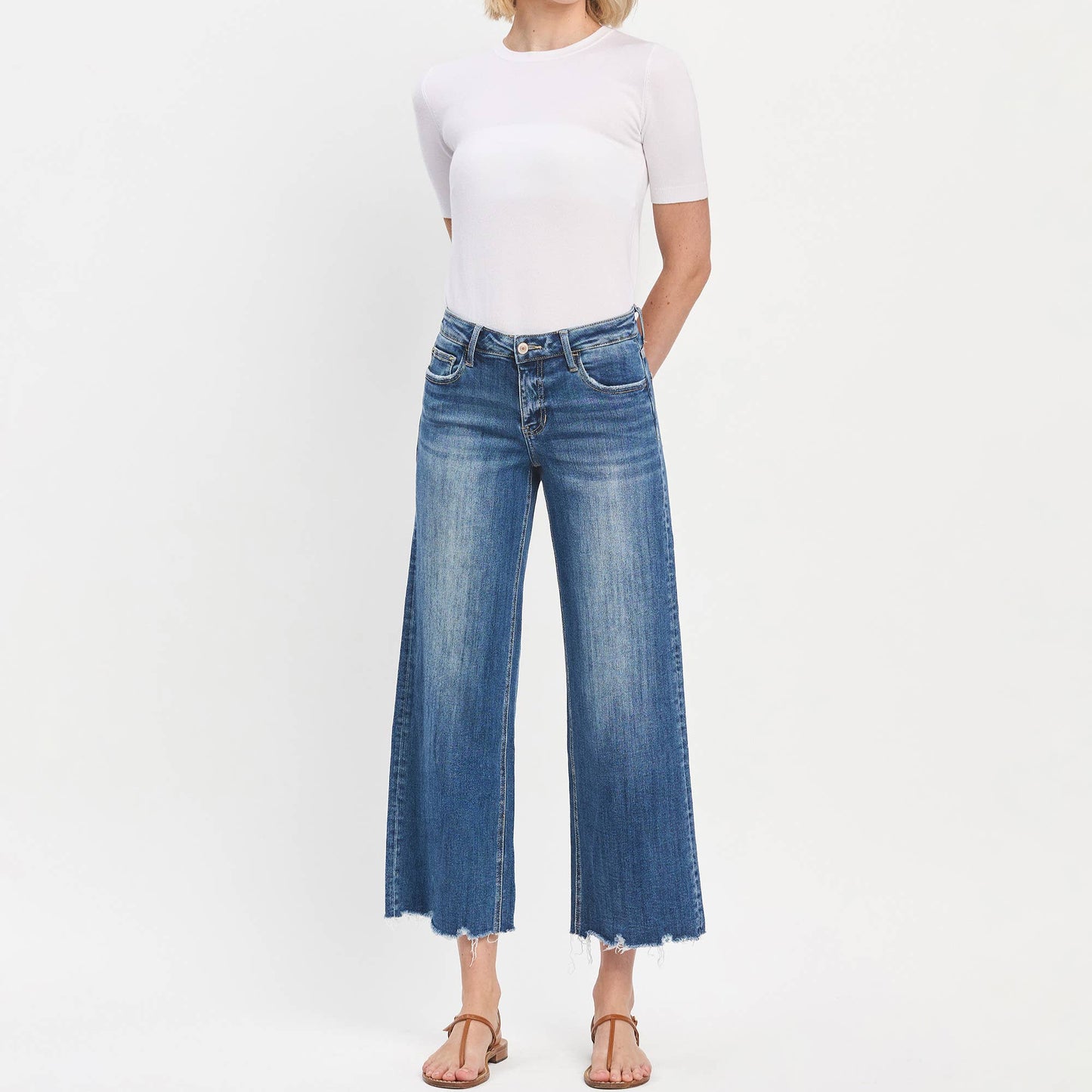 Mid Rise Medium Dark Wash Raw Hem Wide Jeans