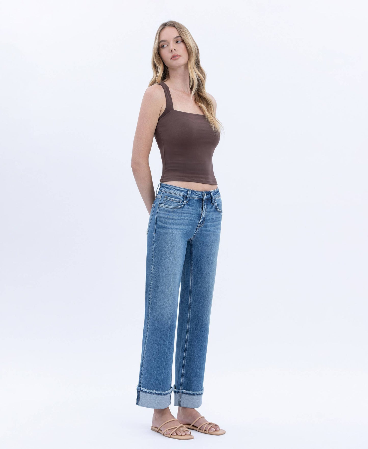 Mid Rise Cuffed Ankle Slim Wide Jean