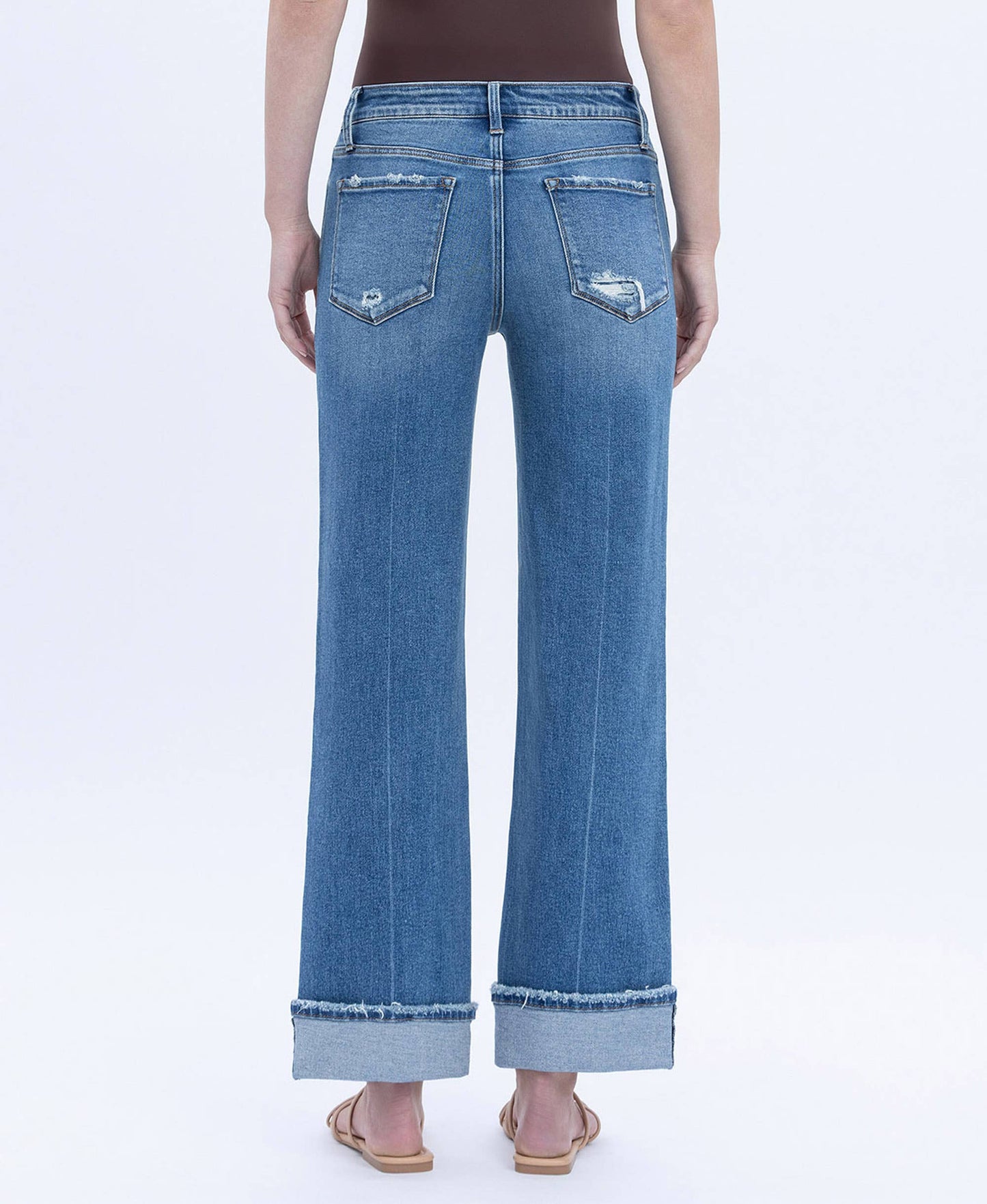 Mid Rise Cuffed Ankle Slim Wide Jean