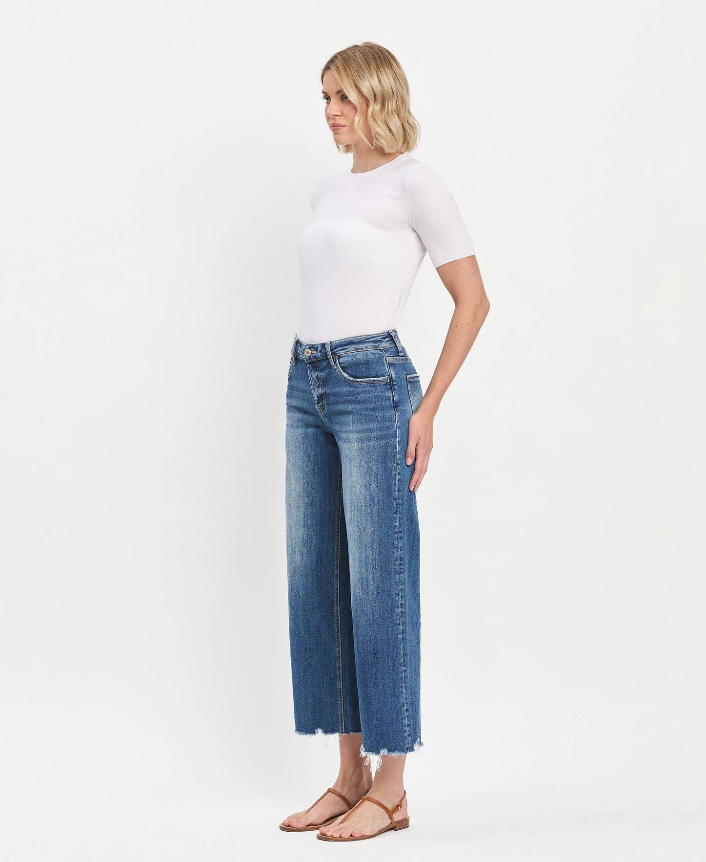 Mid Rise Medium Dark Wash Raw Hem Wide Jeans
