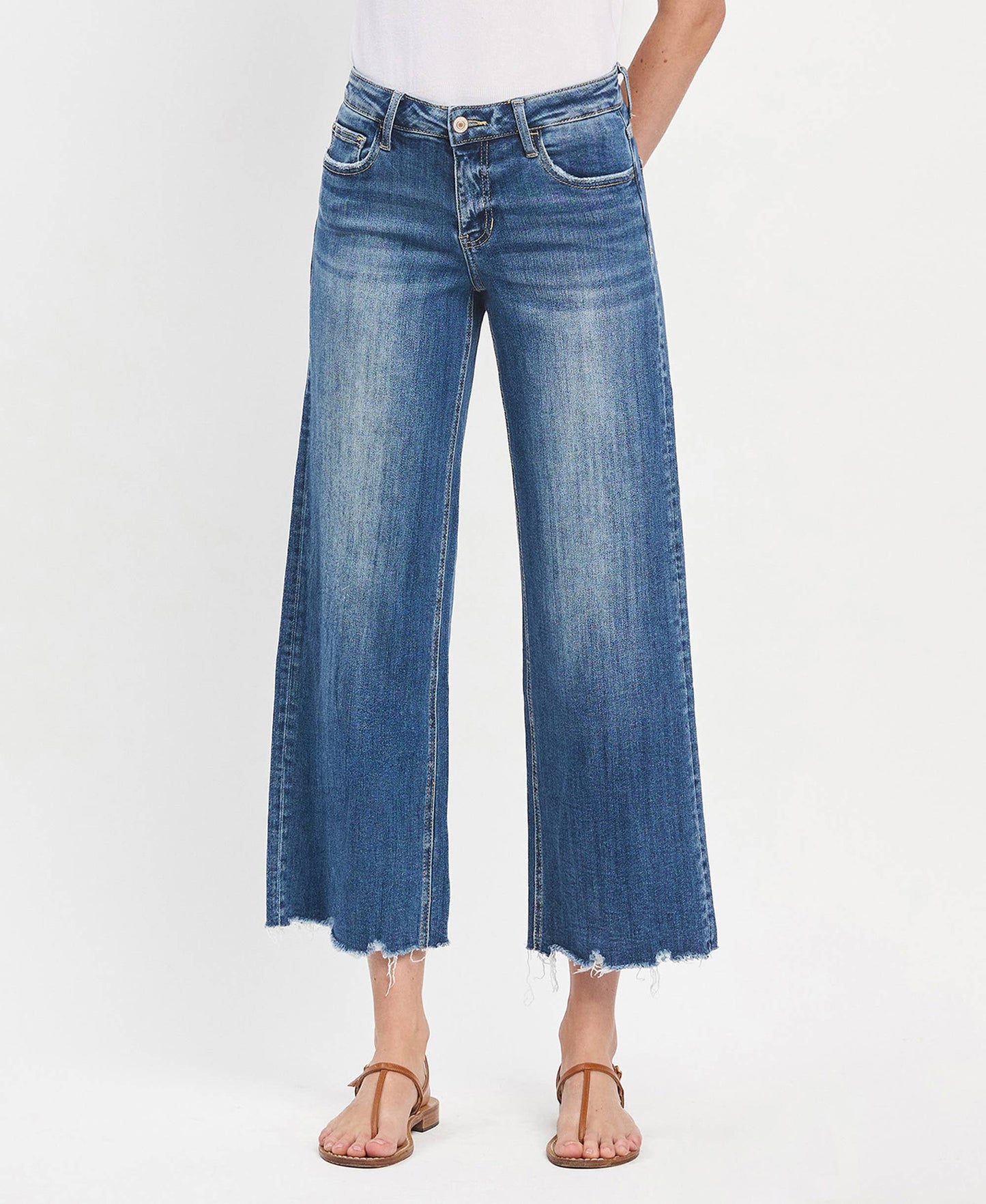 Mid Rise Medium Dark Wash Raw Hem Wide Jeans