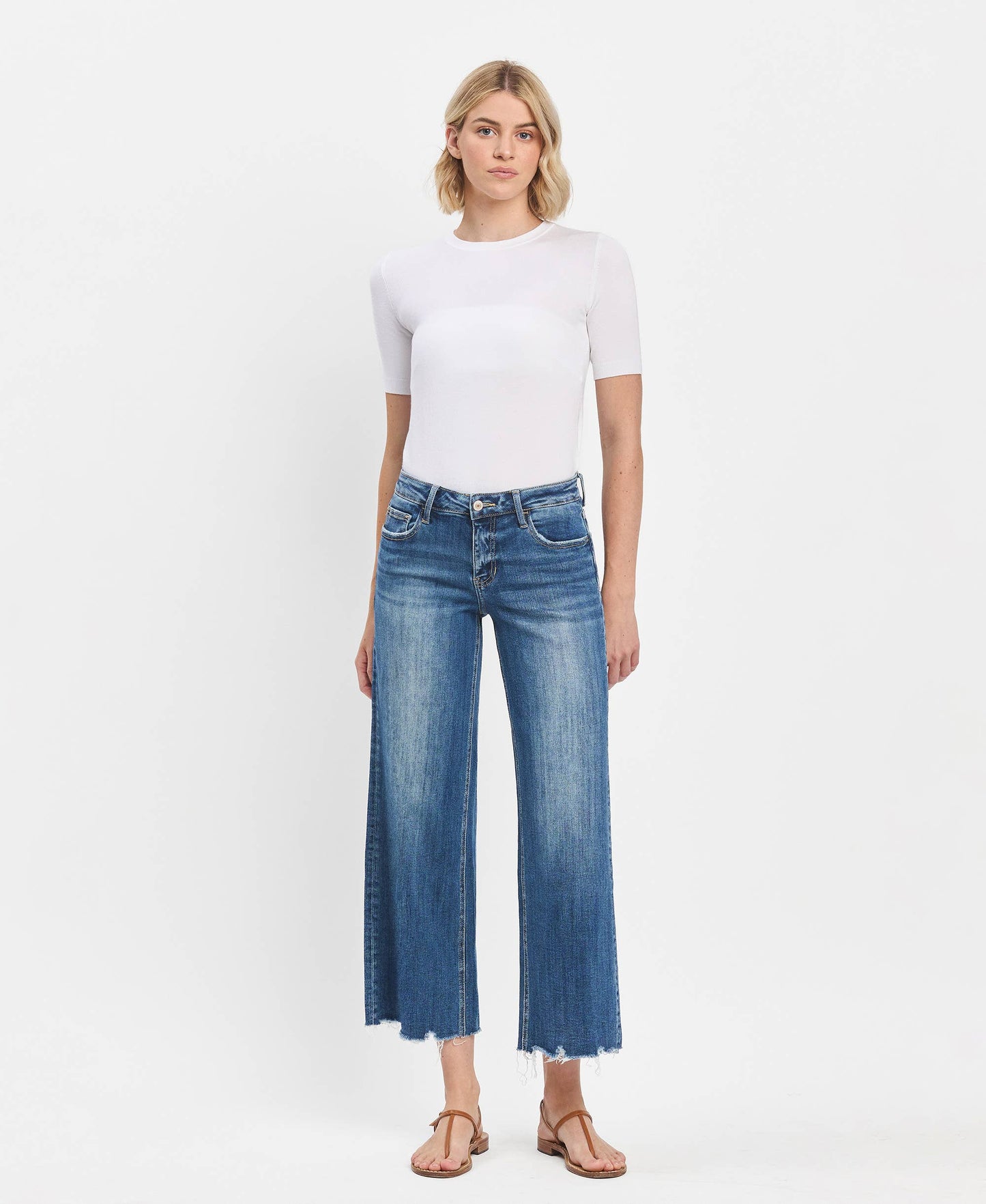 Mid Rise Medium Dark Wash Raw Hem Wide Jeans