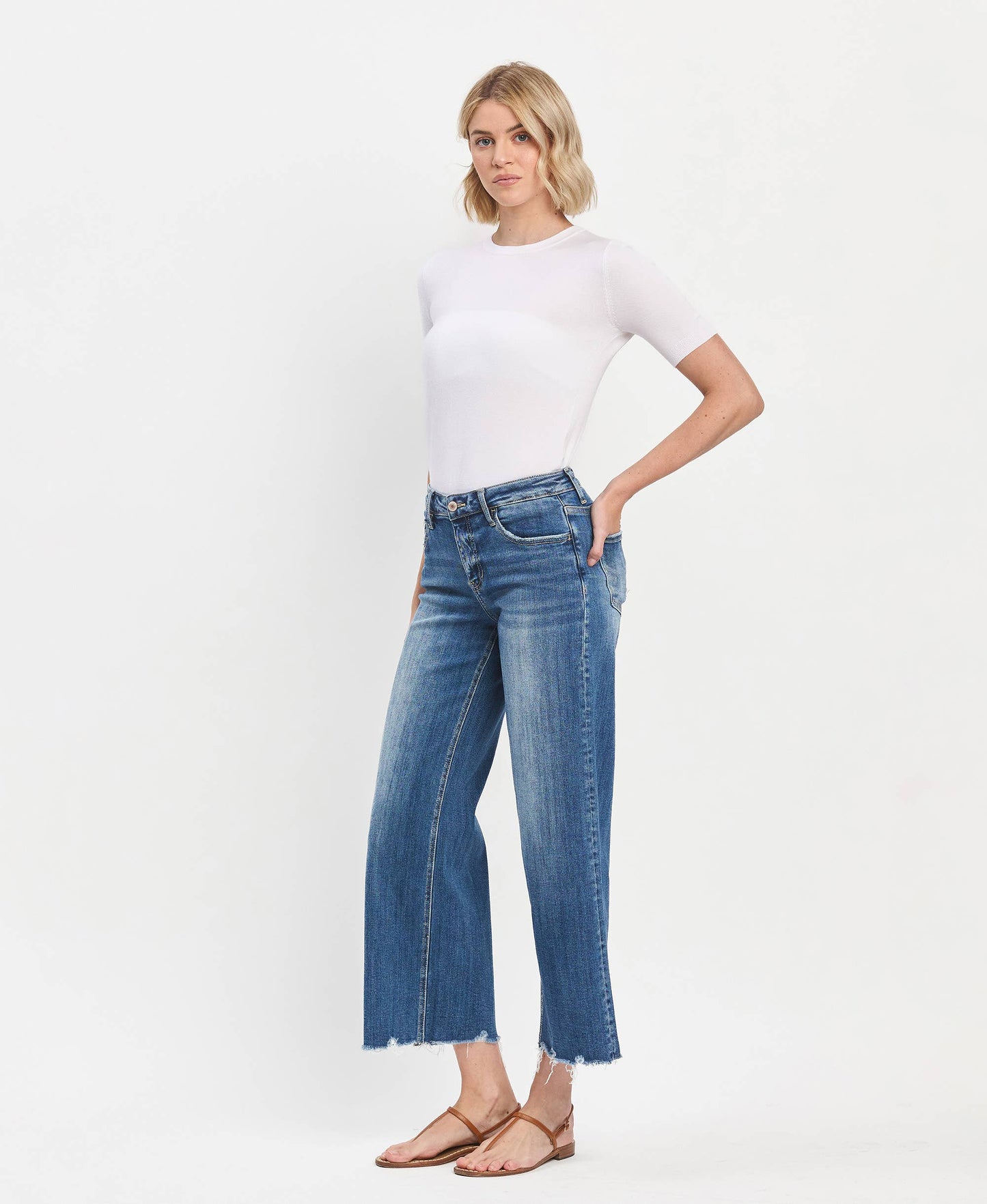 Mid Rise Medium Dark Wash Raw Hem Wide Jeans
