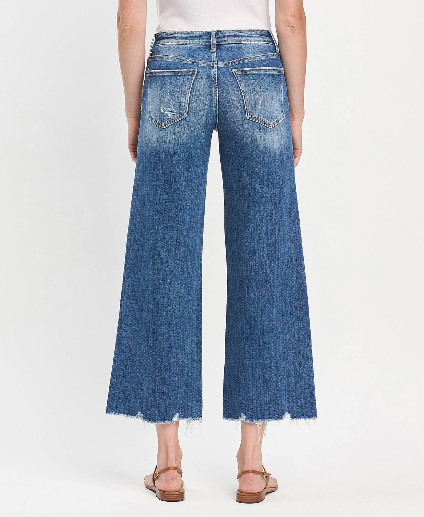 Mid Rise Medium Dark Wash Raw Hem Wide Jeans