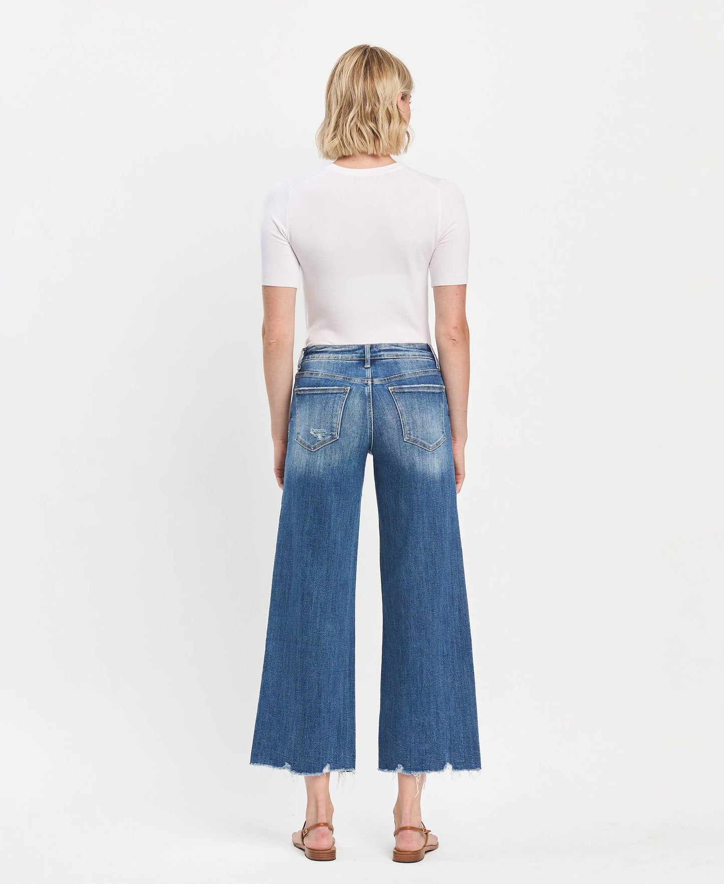 Mid Rise Medium Dark Wash Raw Hem Wide Jeans