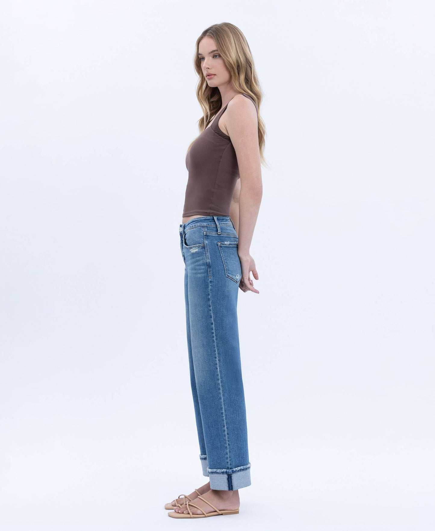 Mid Rise Cuffed Ankle Slim Wide Jean