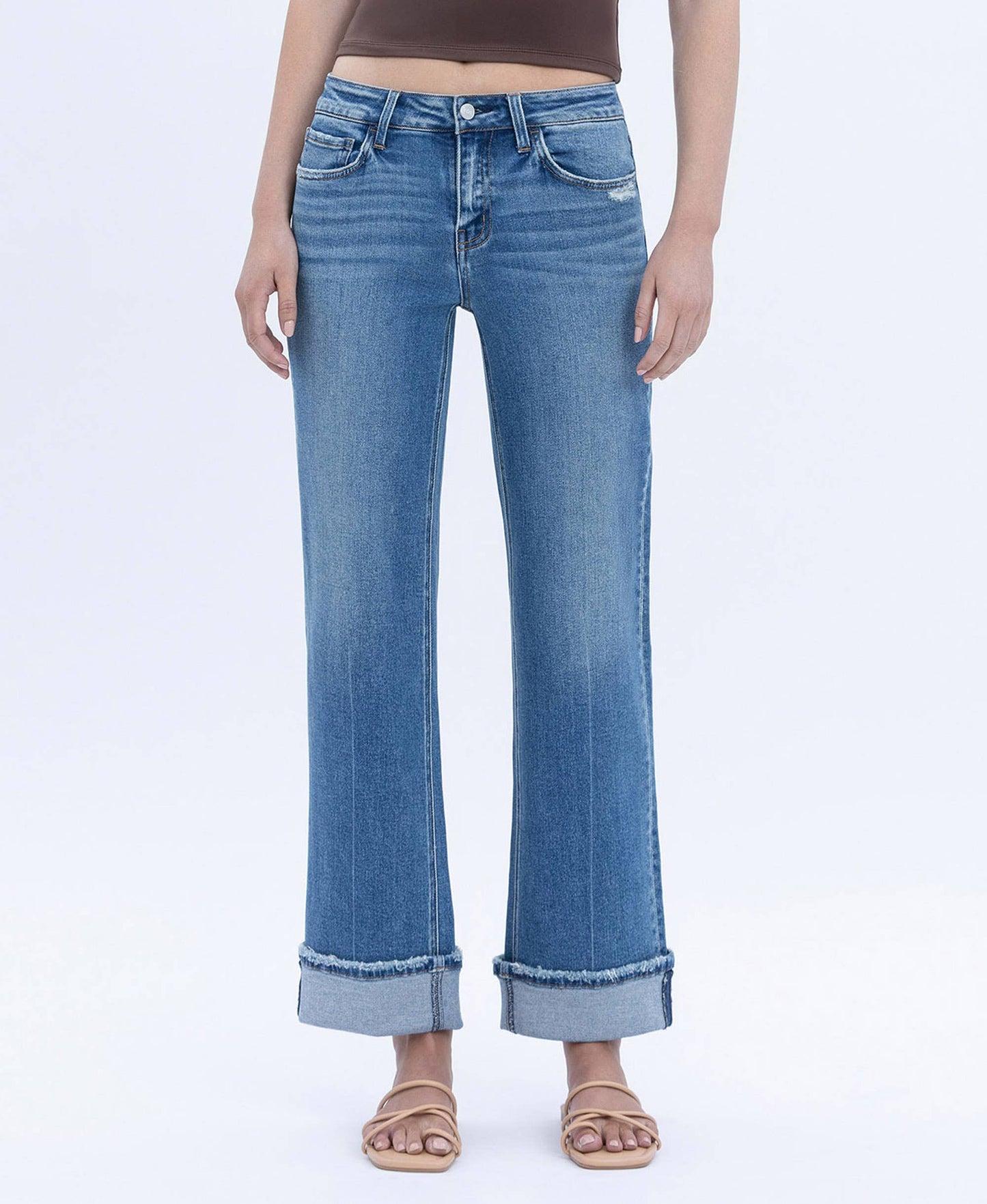Mid Rise Cuffed Ankle Slim Wide Jean