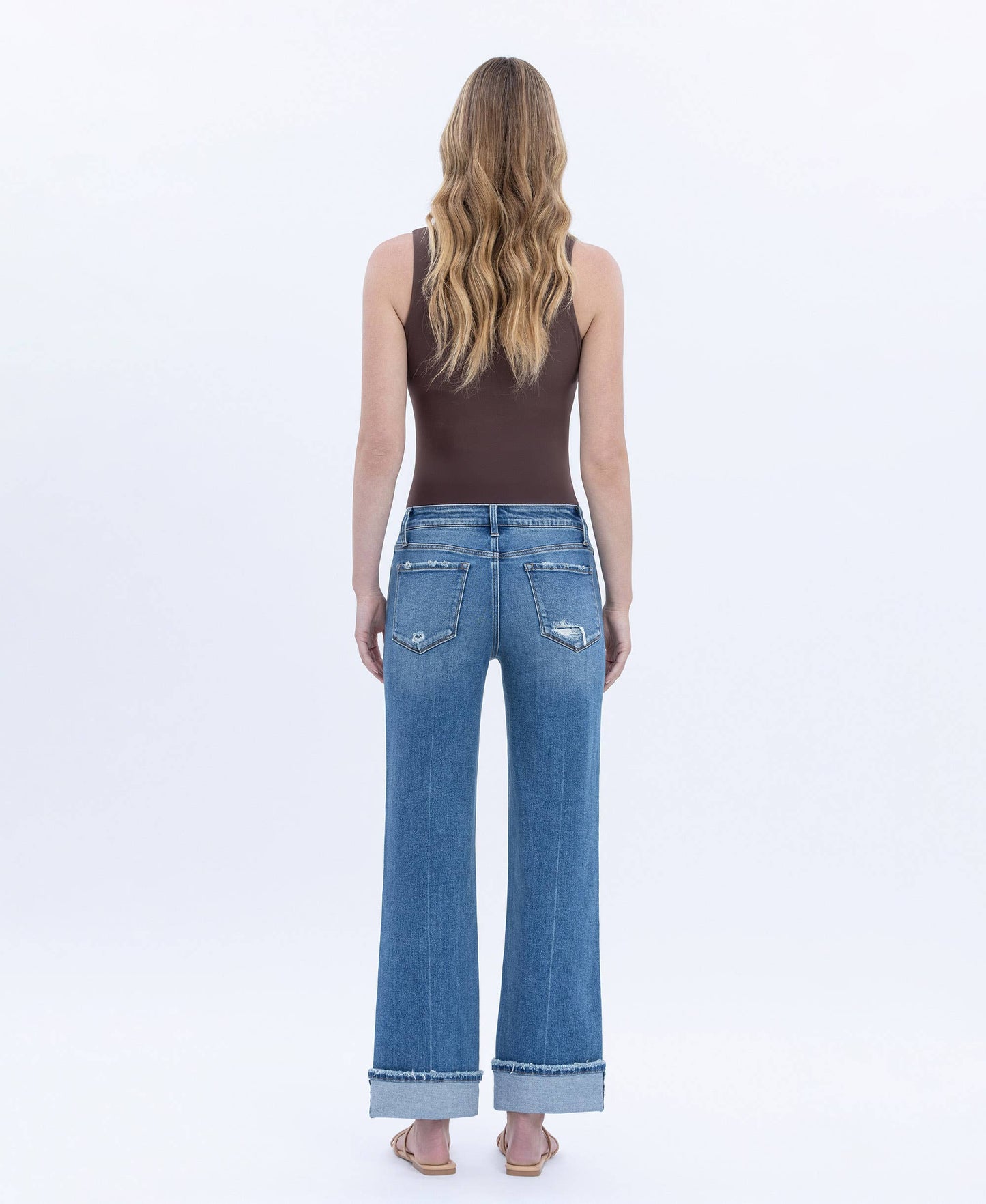 Mid Rise Cuffed Ankle Slim Wide Jean