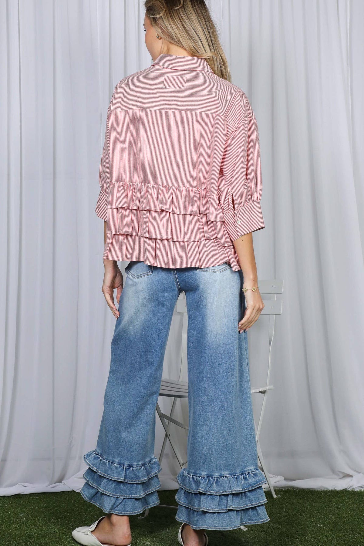Stripe Puff Sleeve Ruffle Shirt