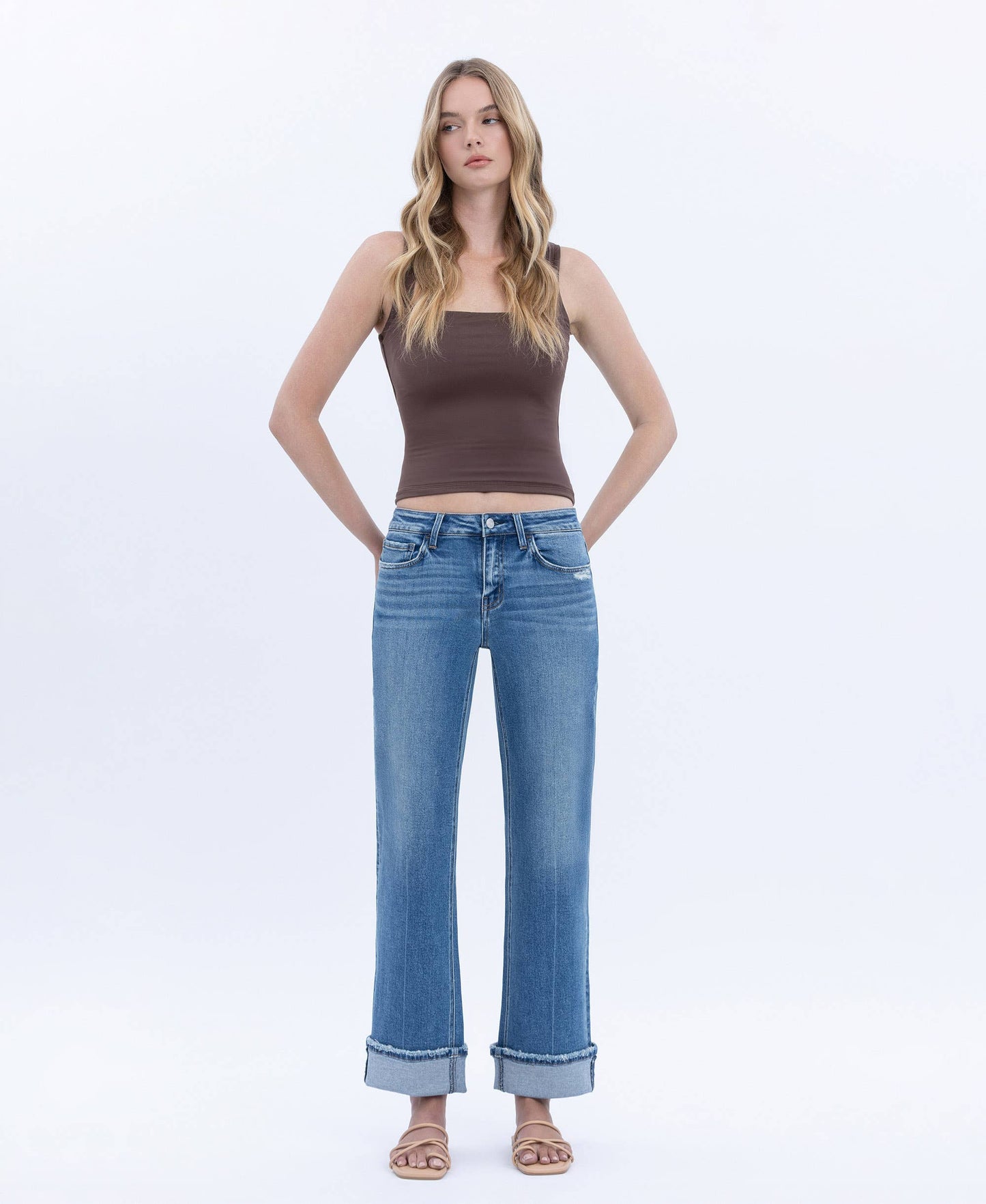 Mid Rise Cuffed Ankle Slim Wide Jean