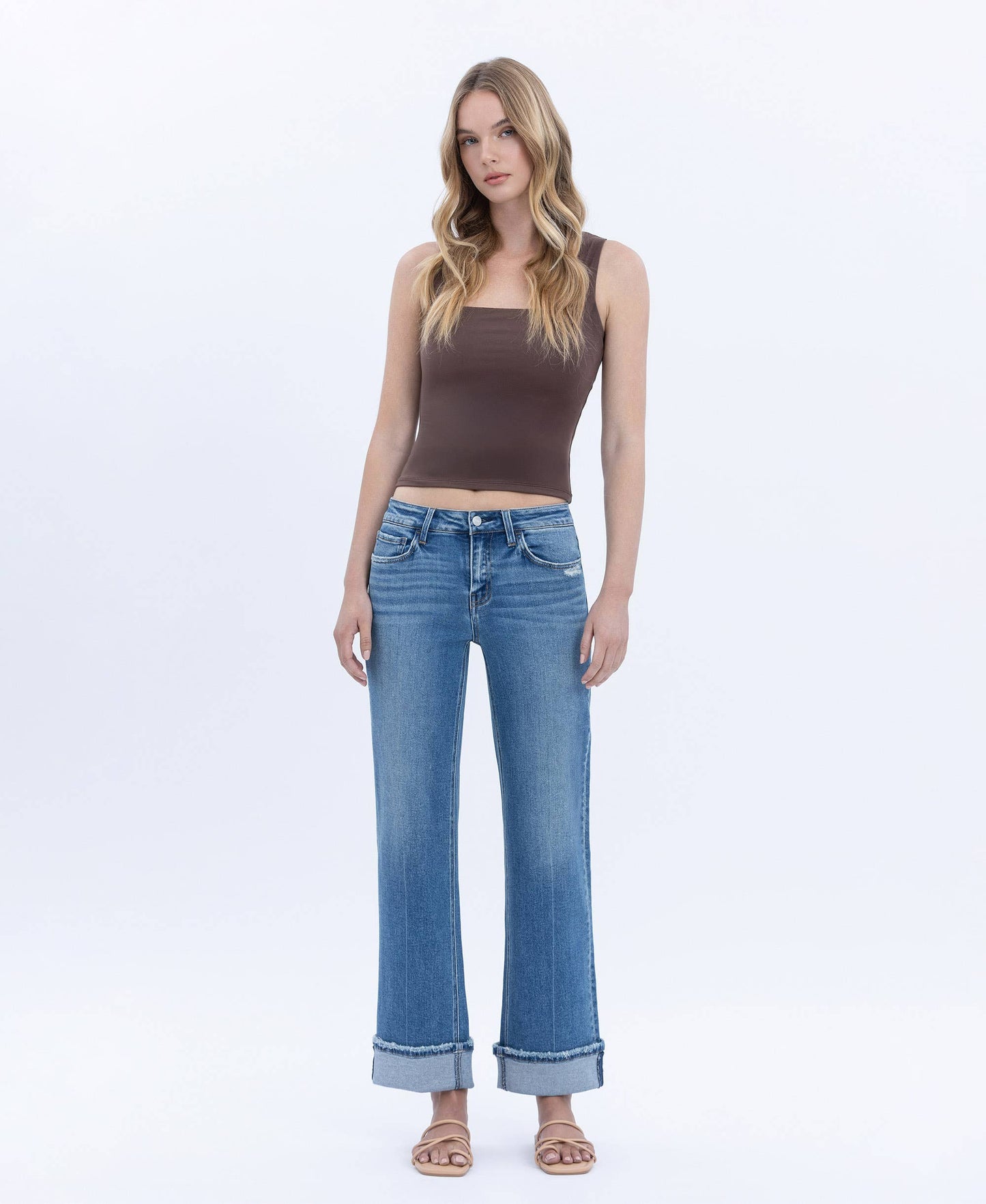 Mid Rise Cuffed Ankle Slim Wide Jean