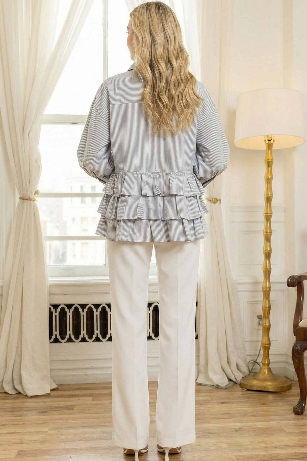 Stripe Puff Sleeve Ruffle Shirt