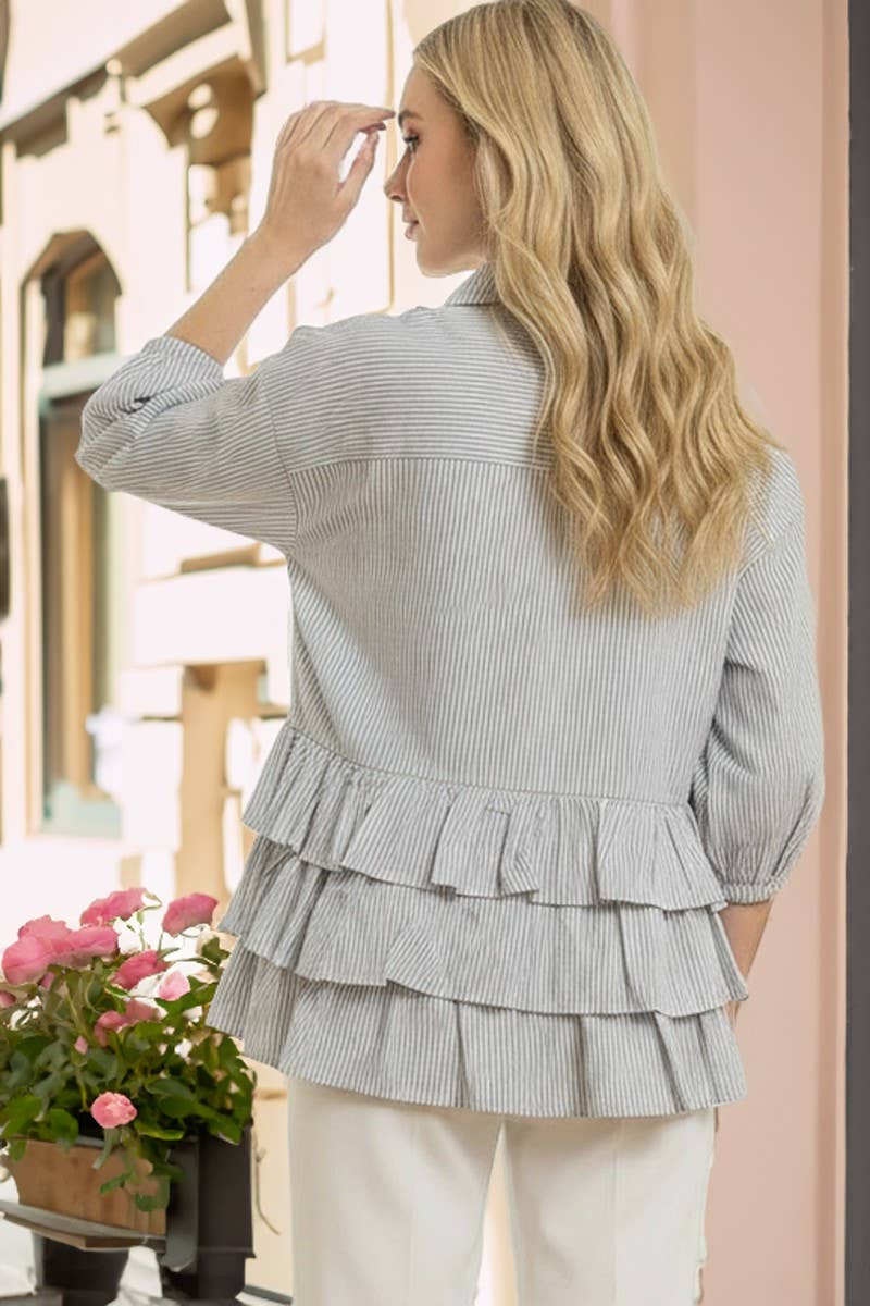 Stripe Puff Sleeve Ruffle Shirt