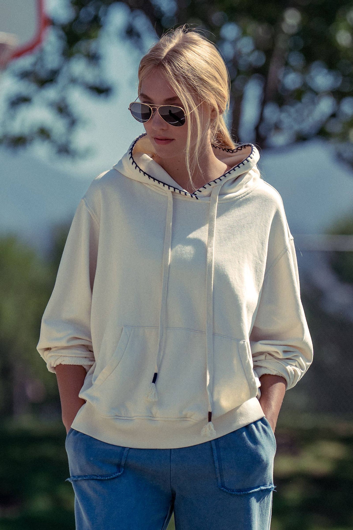 Vintage-Wash Crochet Trim Hooded Sweatshirt - COMING SOON