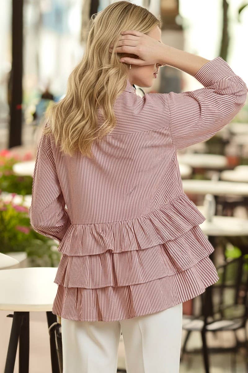 Stripe Puff Sleeve Ruffle Shirt