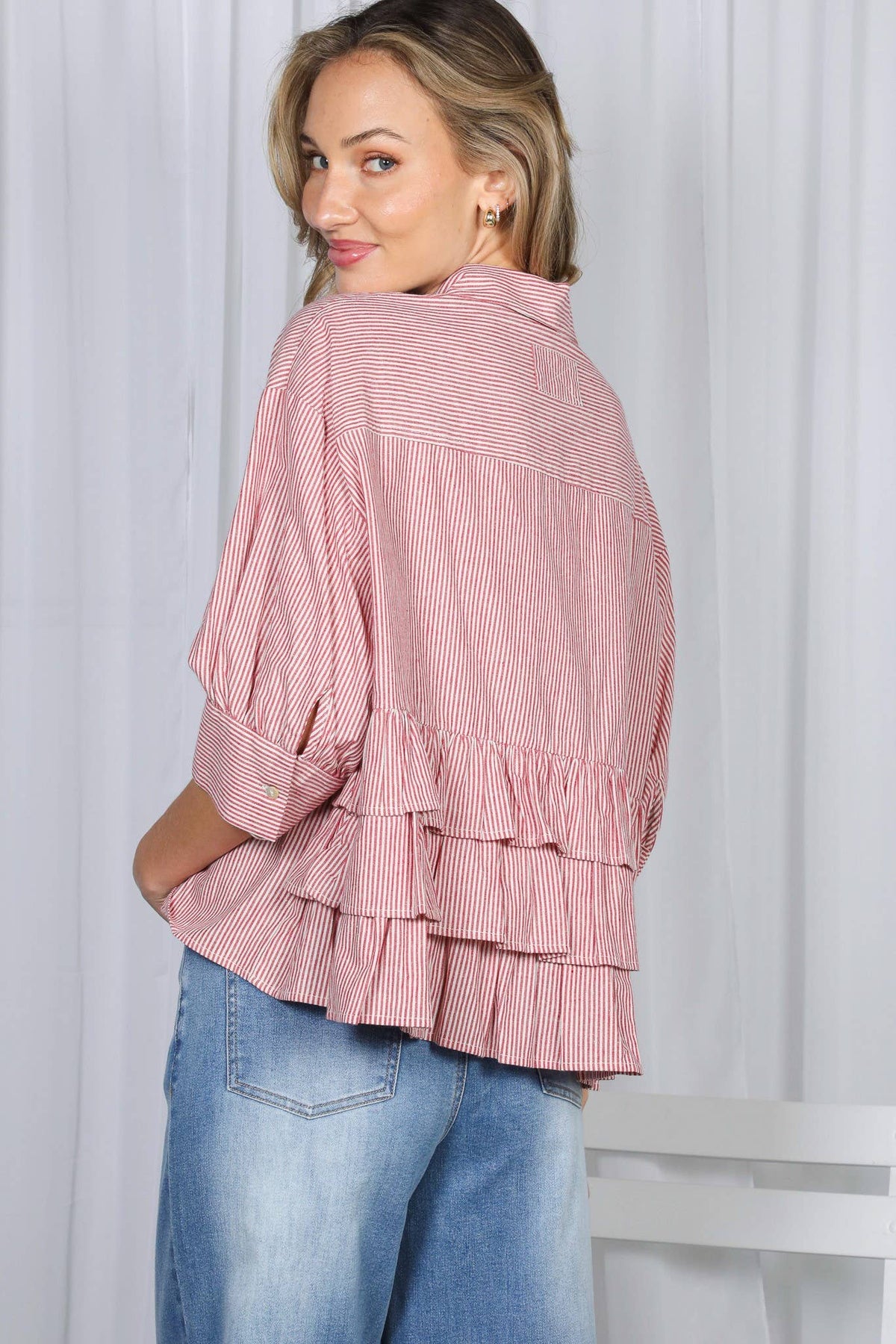Stripe Puff Sleeve Ruffle Shirt