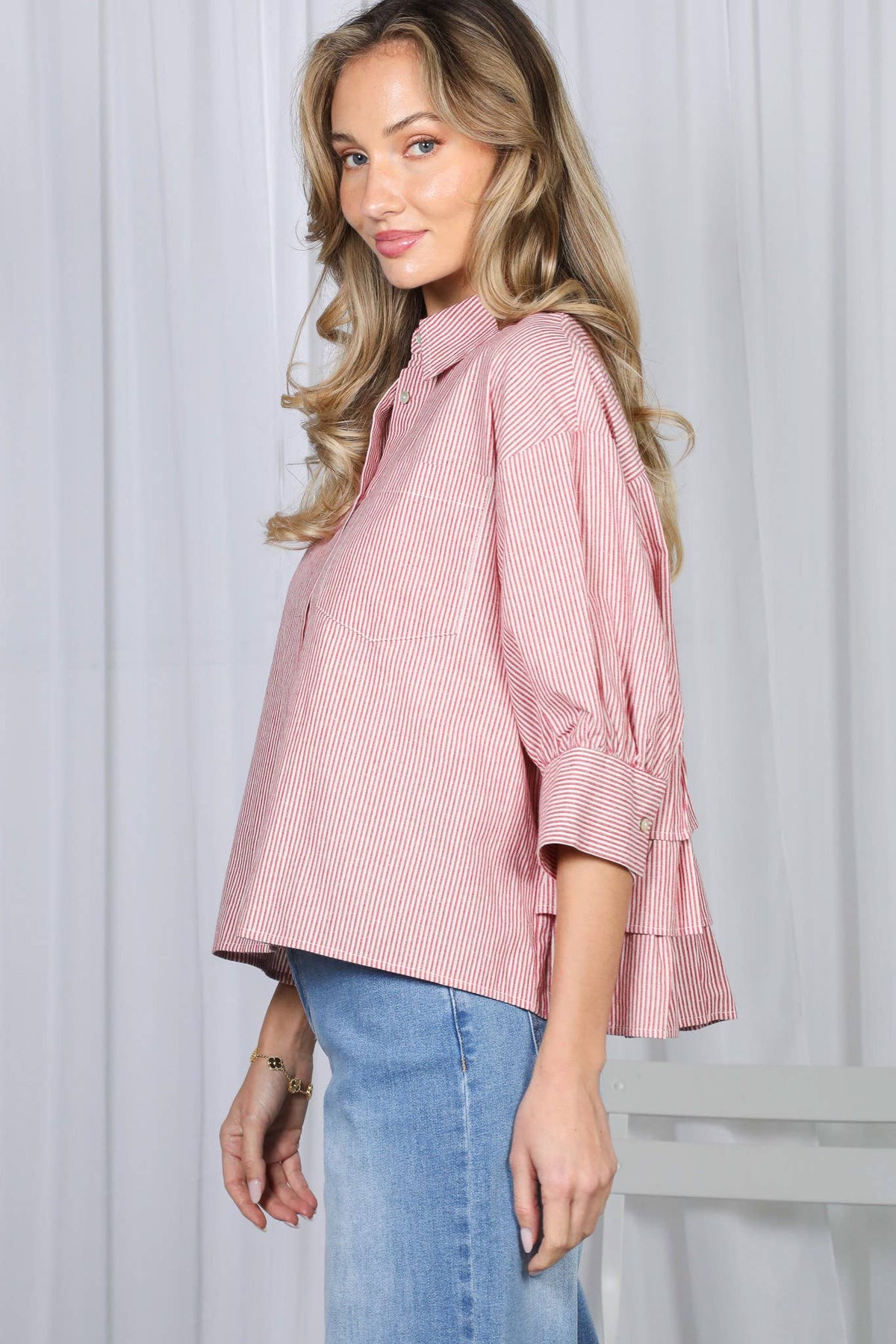 Stripe Puff Sleeve Ruffle Shirt