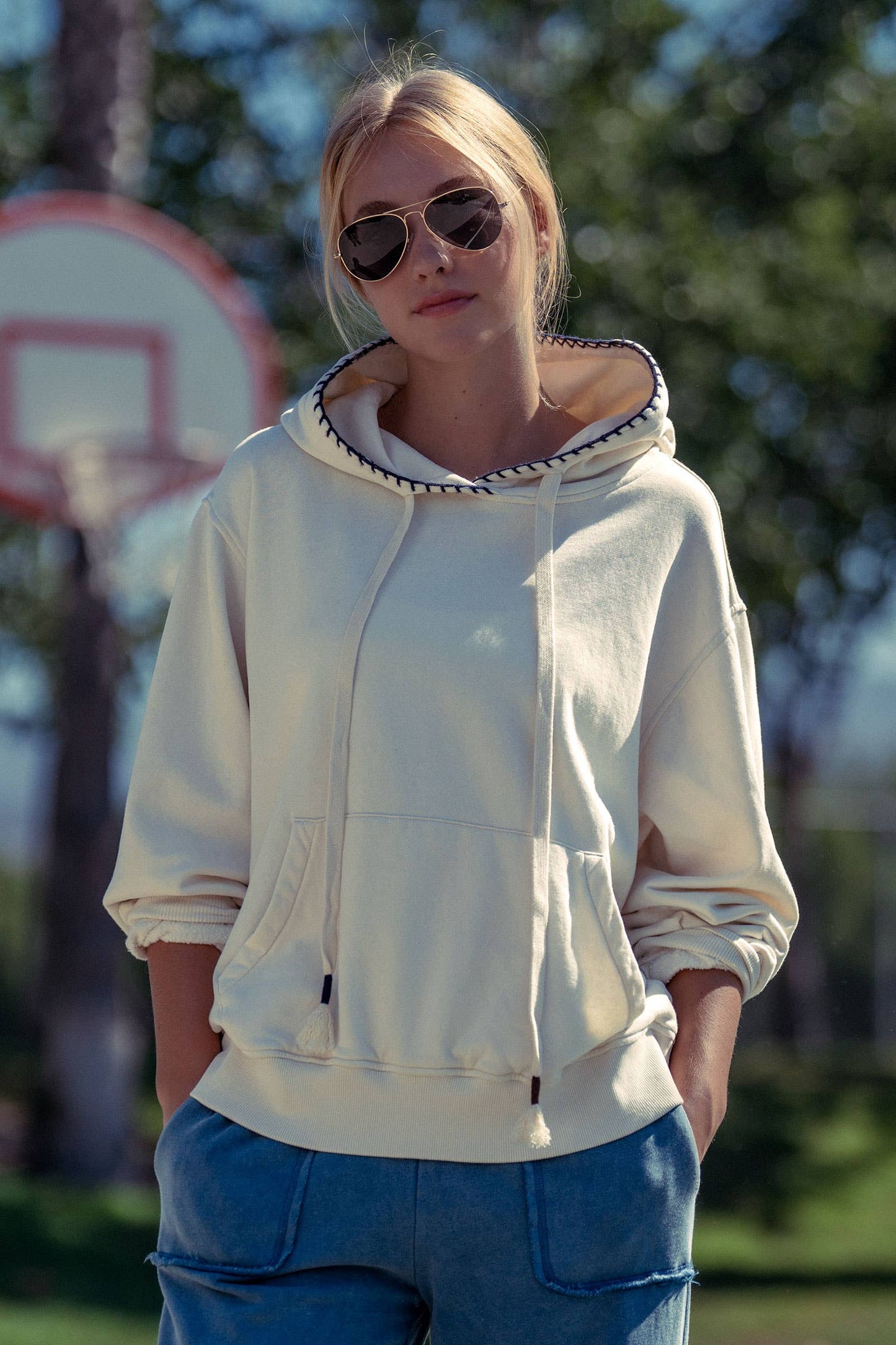 Vintage-Wash Crochet Trim Hooded Sweatshirt - COMING SOON