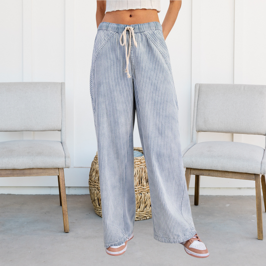Mineral Washed Striped Drawstring Pant