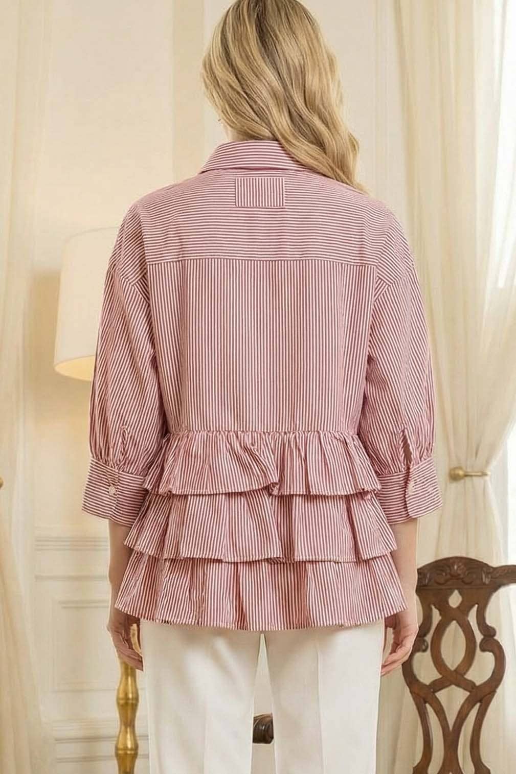 Stripe Puff Sleeve Ruffle Shirt