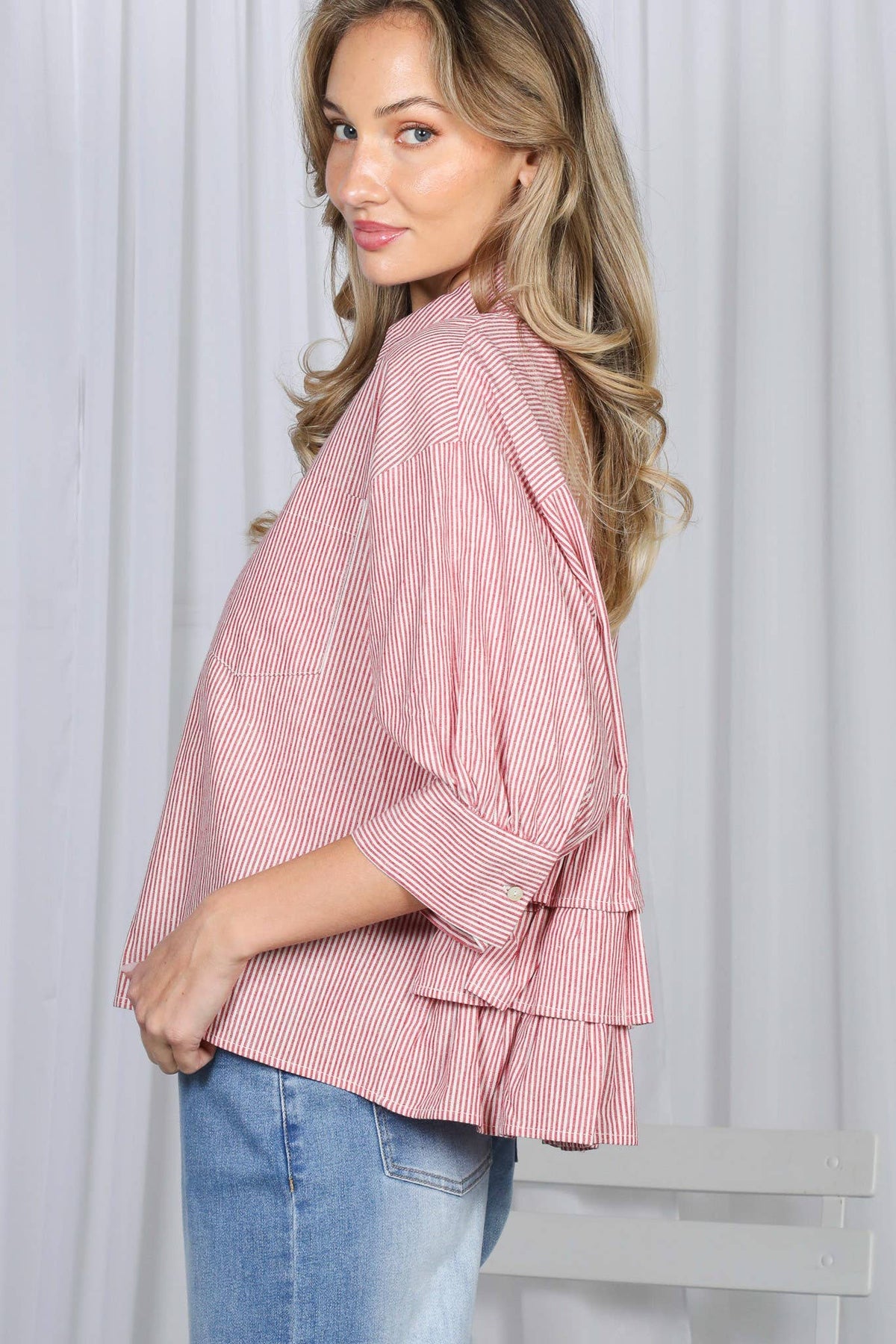 Stripe Puff Sleeve Ruffle Shirt