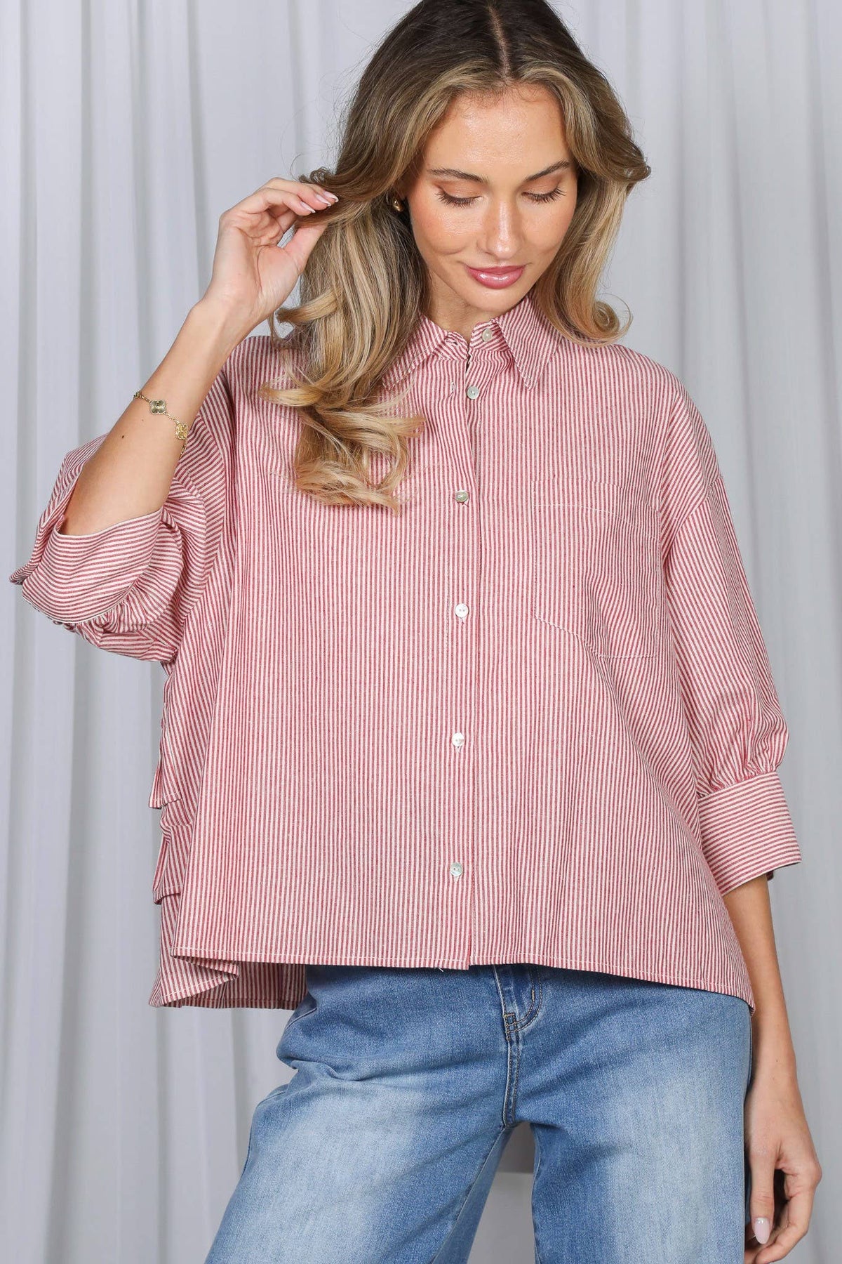 Stripe Puff Sleeve Ruffle Shirt
