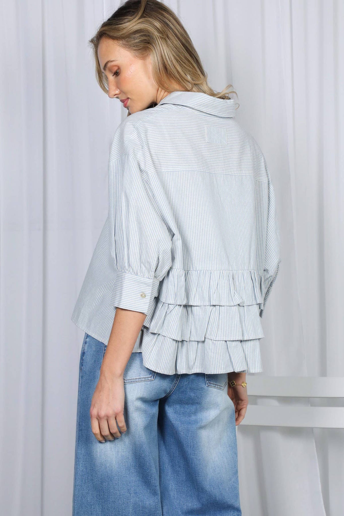 Stripe Puff Sleeve Ruffle Shirt
