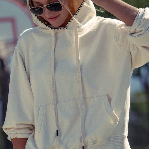 Vintage-Wash Crochet Trim Hooded Sweatshirt - COMING SOON