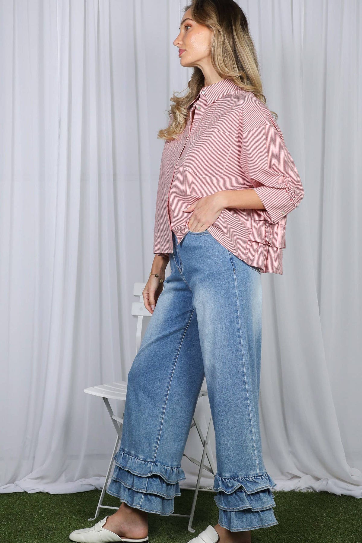 Stripe Puff Sleeve Ruffle Shirt