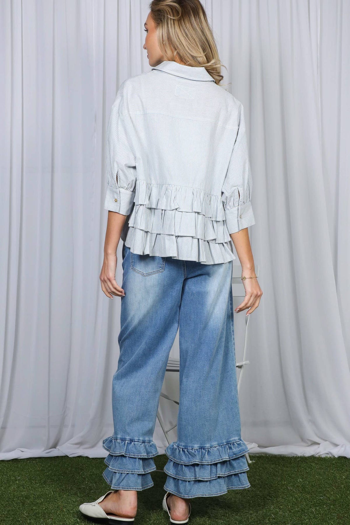 Stripe Puff Sleeve Ruffle Shirt