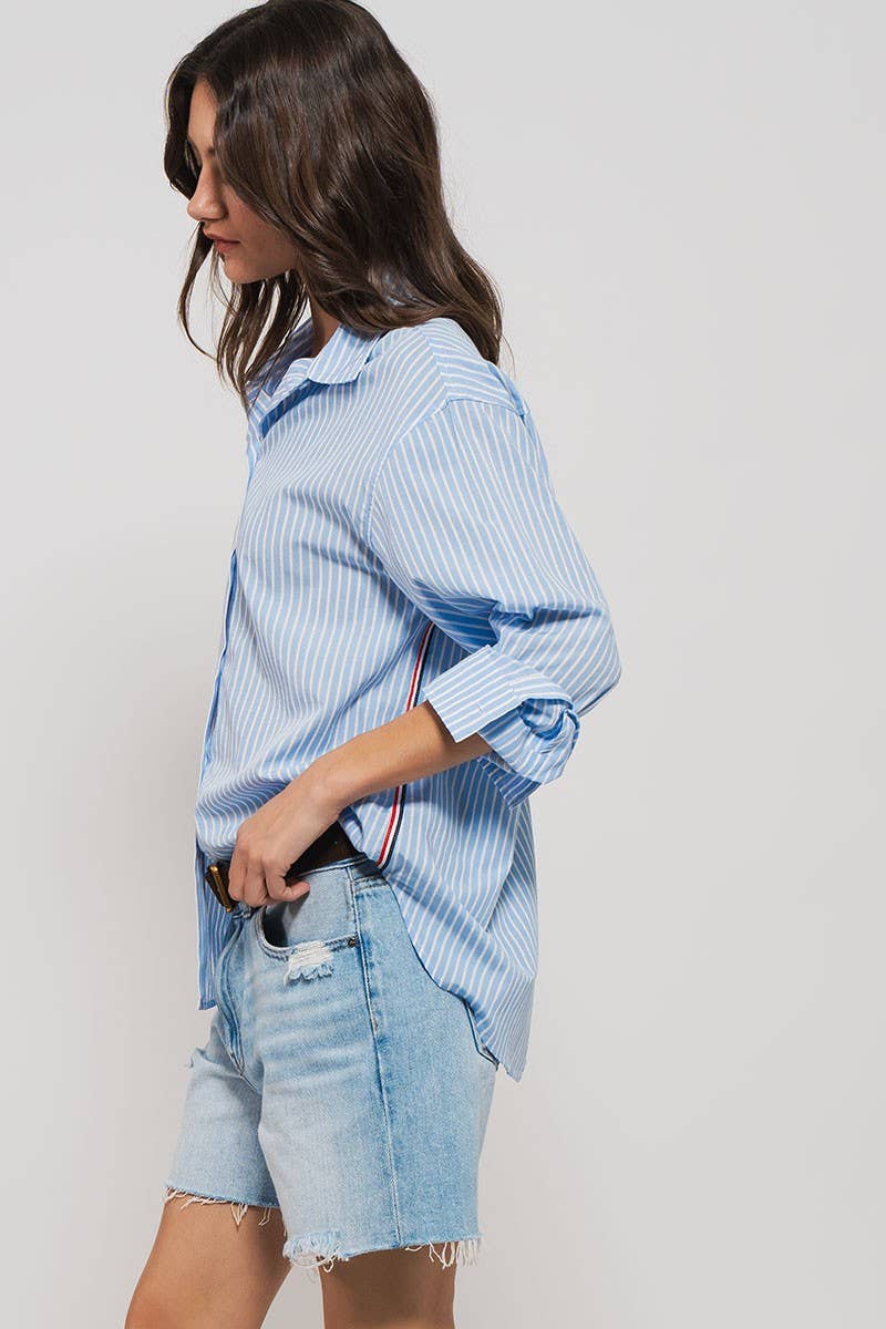 Striped Twill Tape Detail Statement Button Shirt - COMING SOON