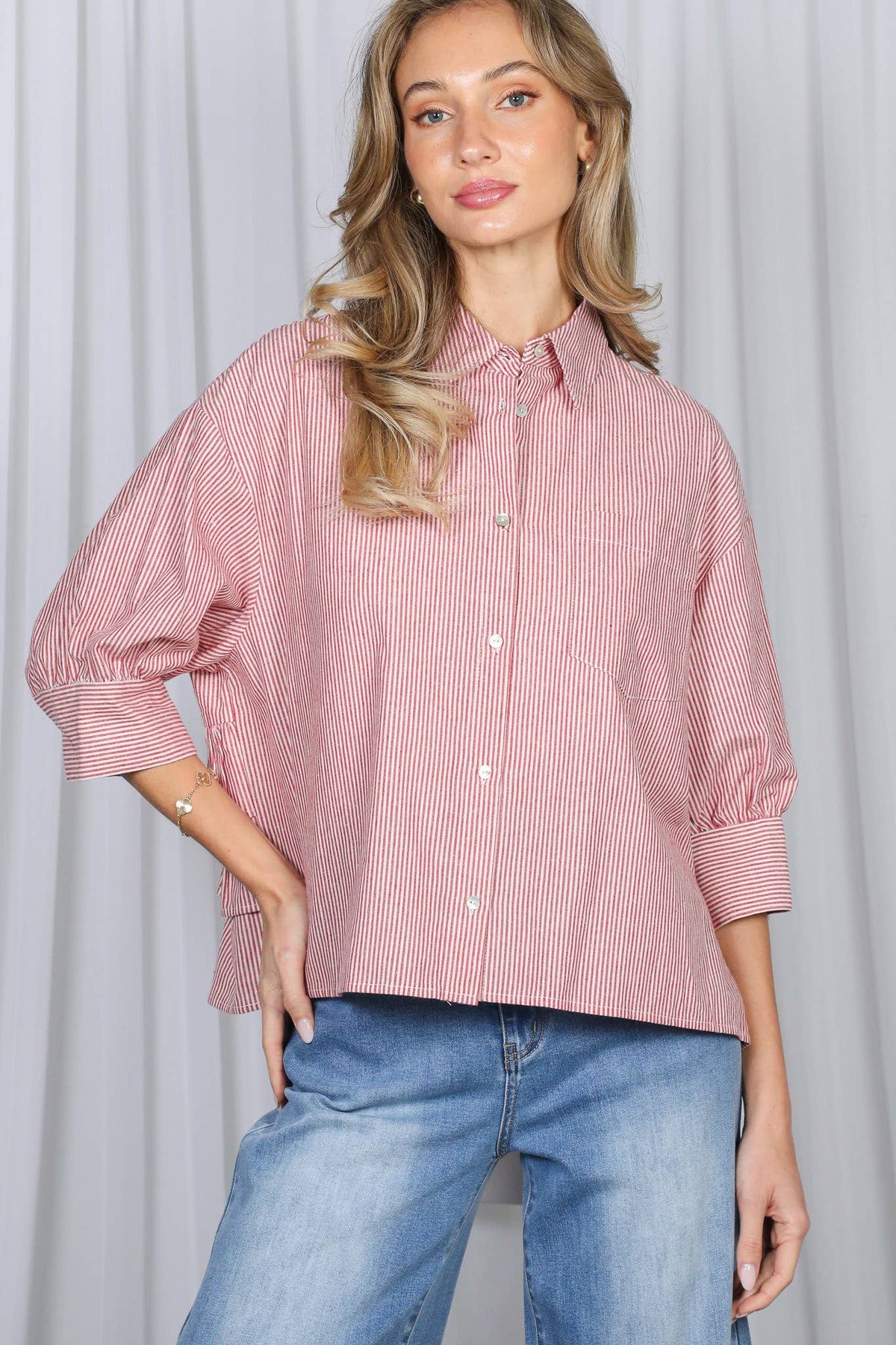 Stripe Puff Sleeve Ruffle Shirt