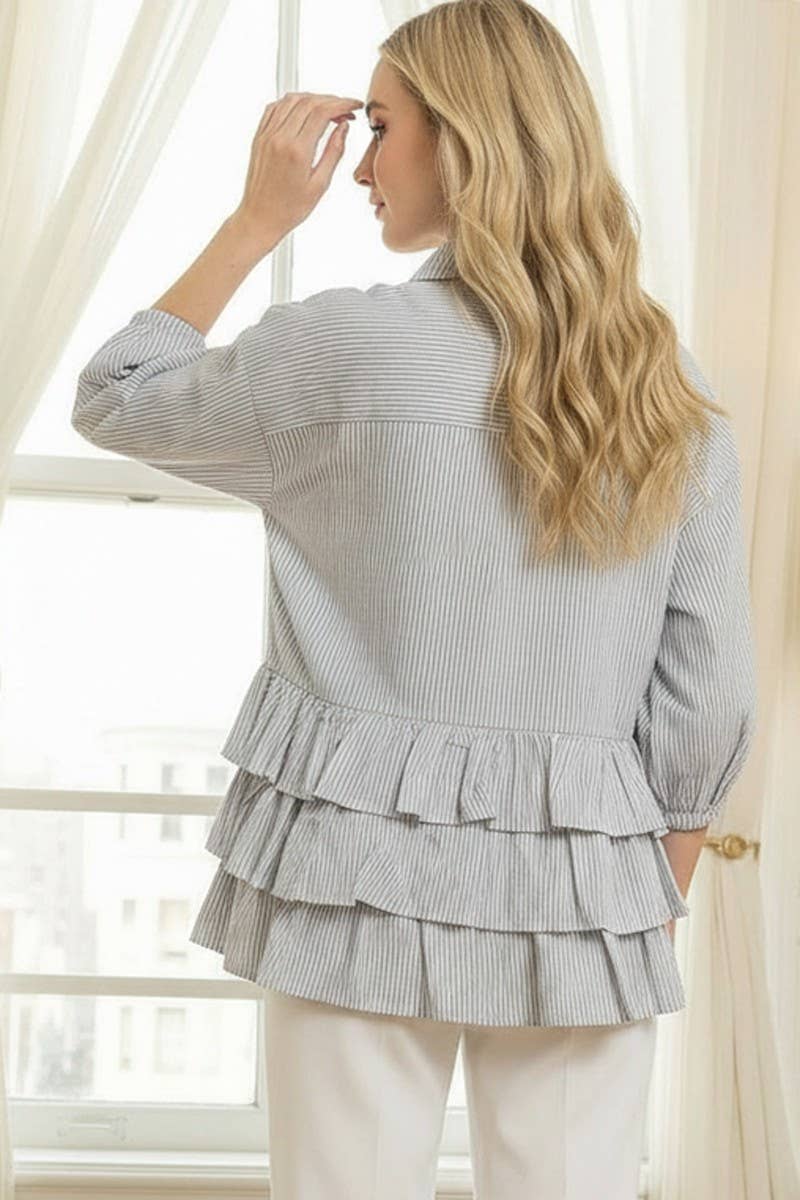 Stripe Puff Sleeve Ruffle Shirt
