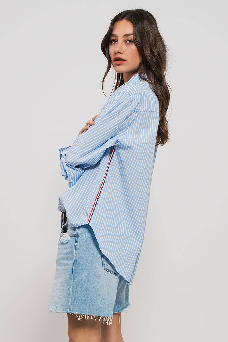 Striped Twill Tape Detail Statement Button Shirt - COMING SOON