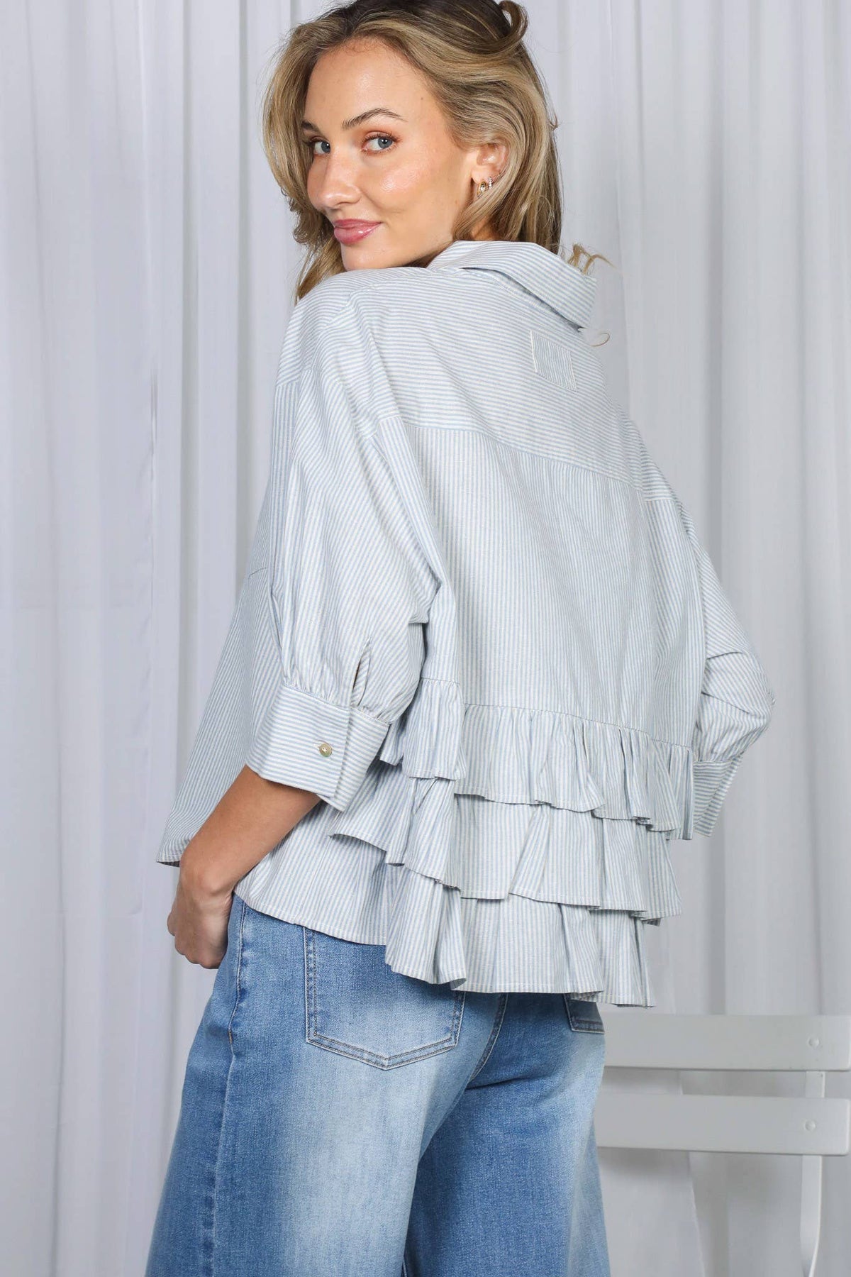 Stripe Puff Sleeve Ruffle Shirt