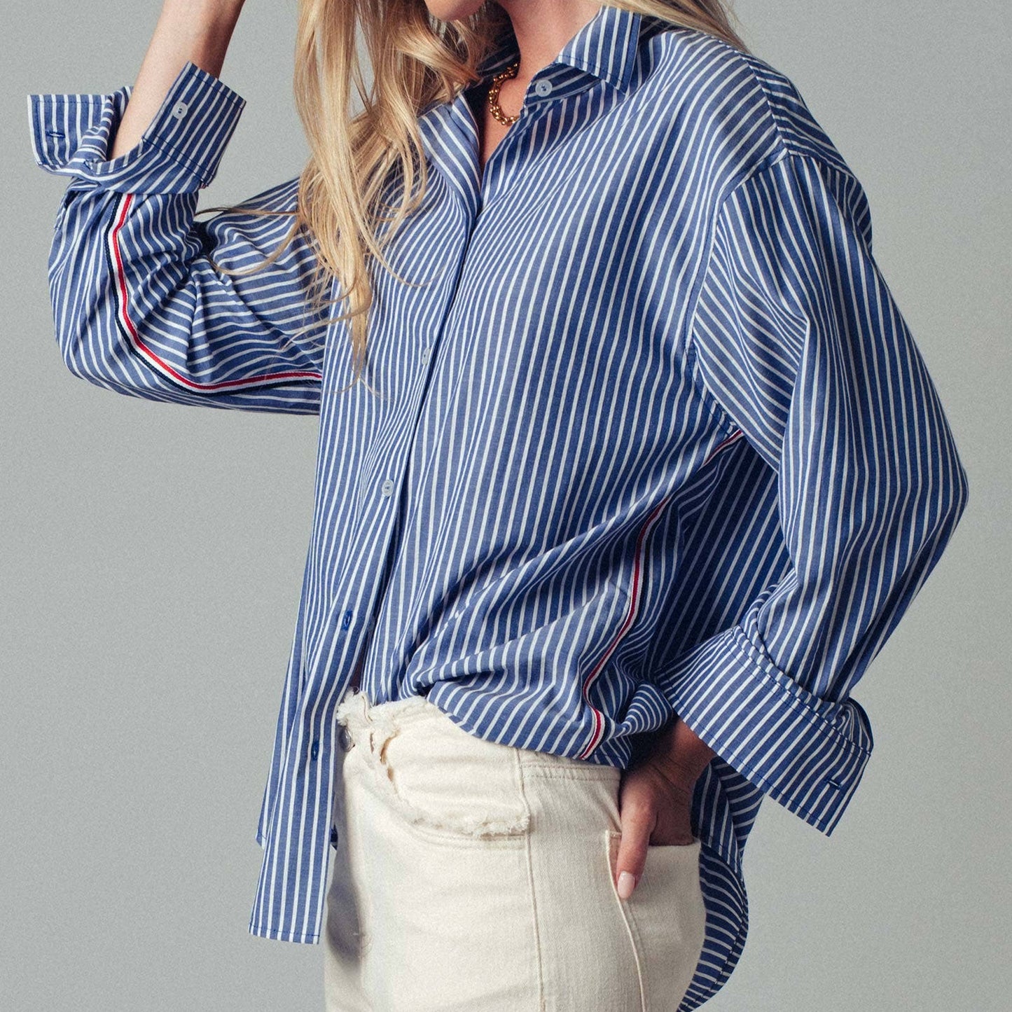 Striped Twill Tape Detail Statement Button Shirt - COMING SOON