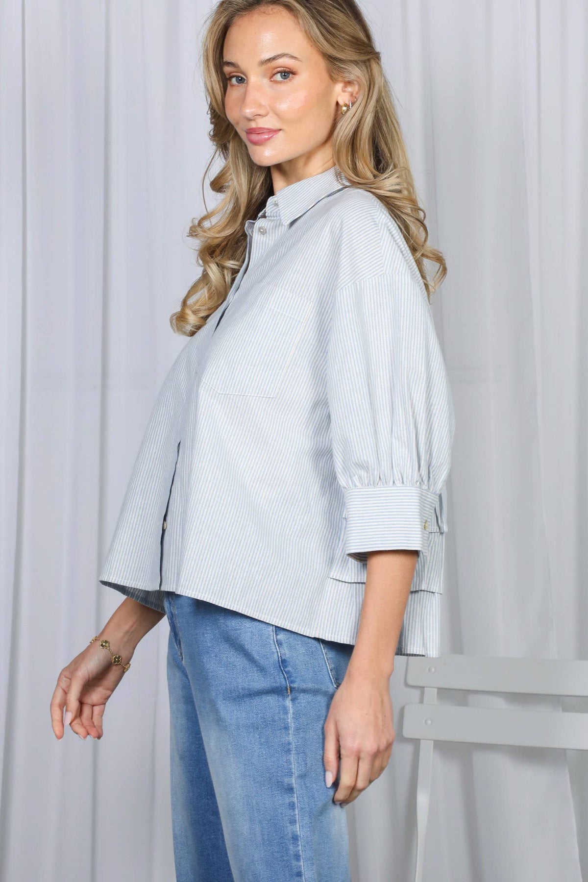 Stripe Puff Sleeve Ruffle Shirt