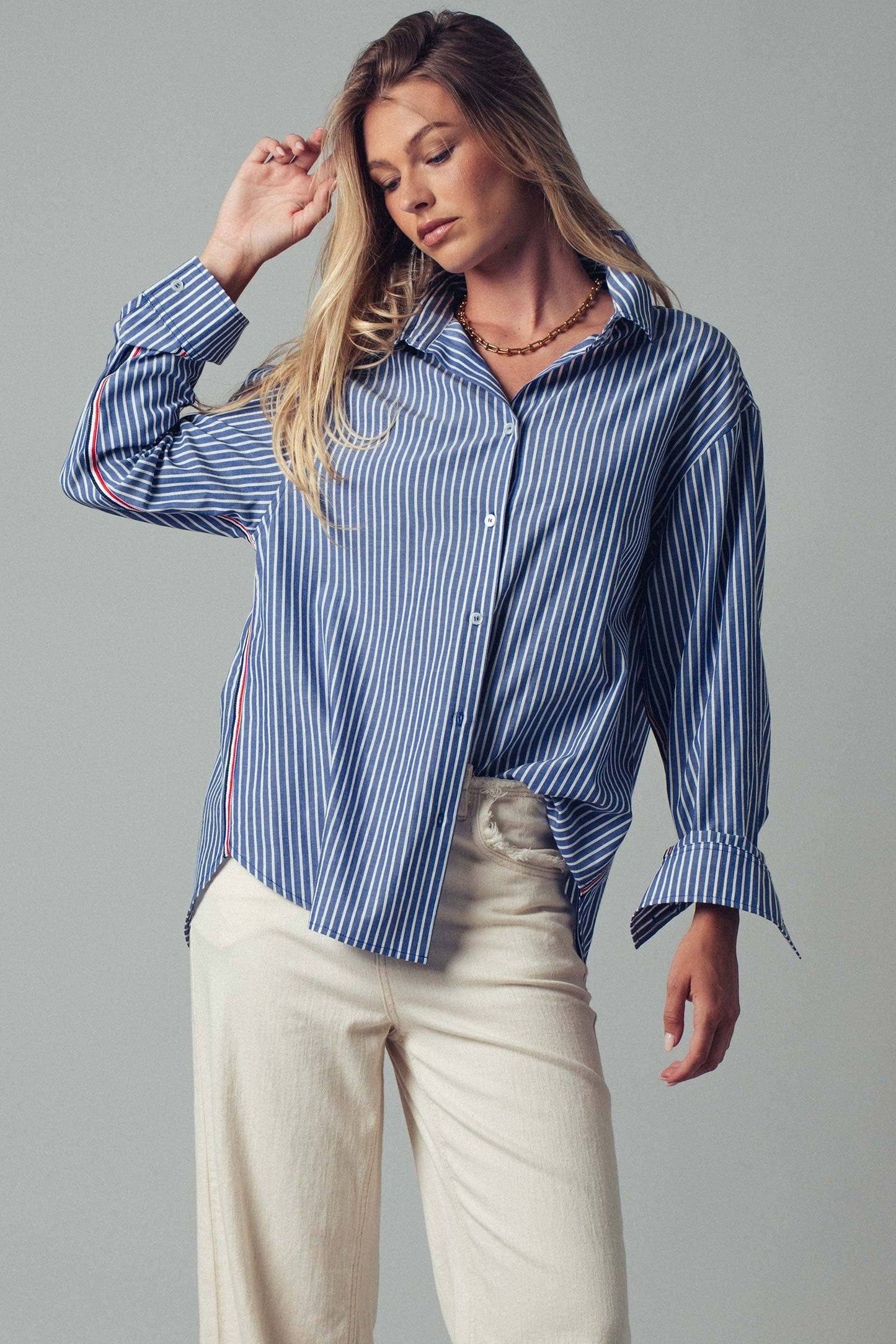 Striped Twill Tape Detail Statement Button Shirt - COMING SOON
